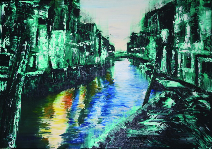 A green, matrix-like structure that implies that Venice has been made by glass.