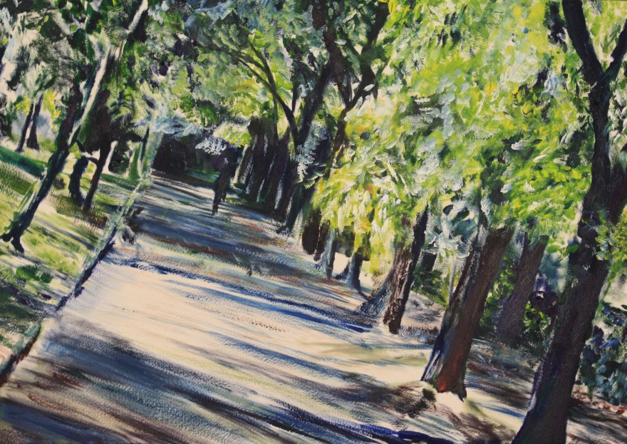 A study of a natural, tree-covered path along the north side of The Arno River in Florence, Italy.