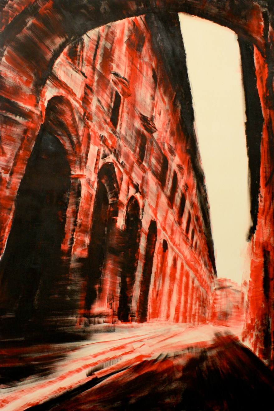 A fast paced, perspectival view of a monumental court in Arrezzo, Italy.