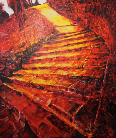 A monster painting depicts a red, firey and aggressive set of ancient stone steps.