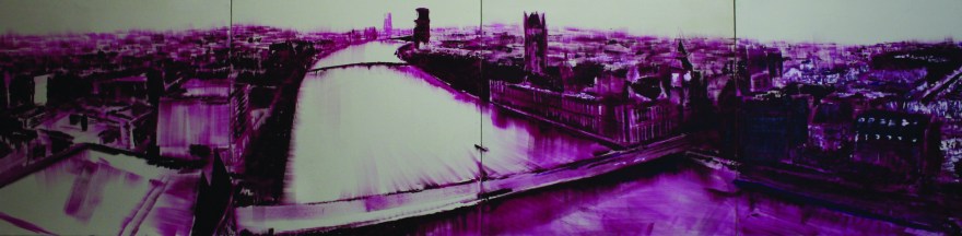 A violet expression of a view from the top of the London Eye, looking westward across the Thames River.